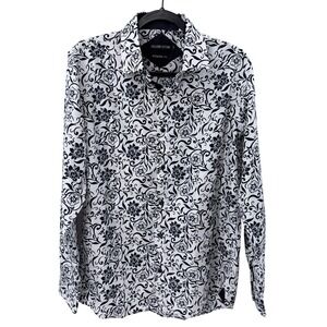 Silver Stone Mens Modern Fit Floral Scroll Button Down Shirt Blue White Large